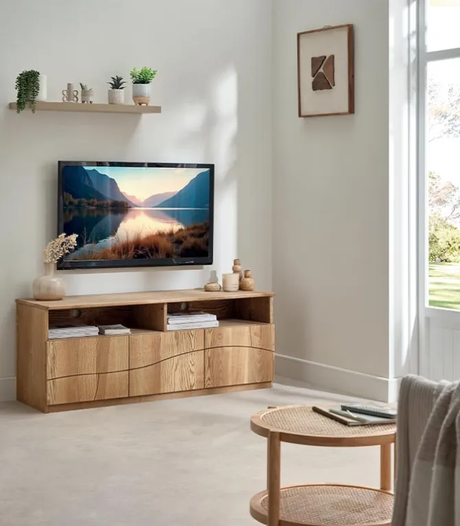 Meuble TV frêne massif 3 portes WAVE