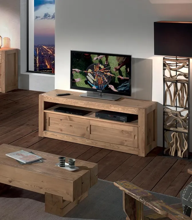 Meuble TV pin massif ciré 2 portes MOVING