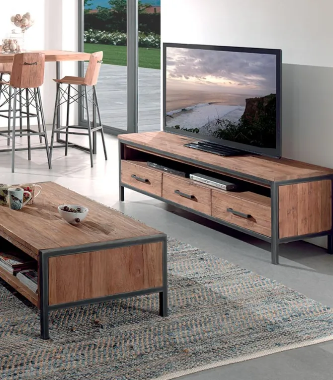 Meuble TV teck recyclé et fer vieilli BROWTON