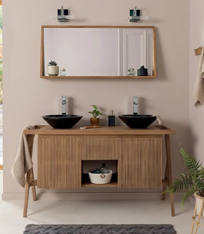 Salle de bains teck double vasque noire NAGALI