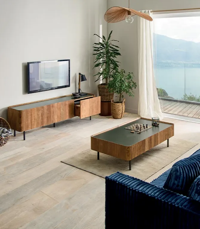 Table basse teck recyclé NEVADA 2 tiroirs